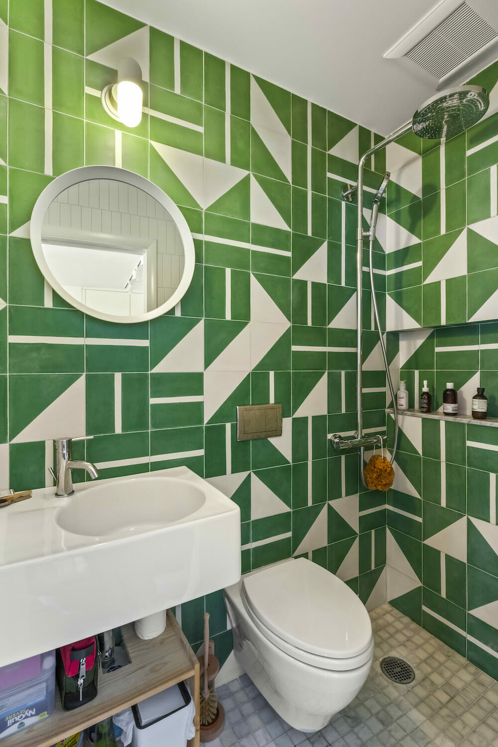 Green 60s style tile small bathroom