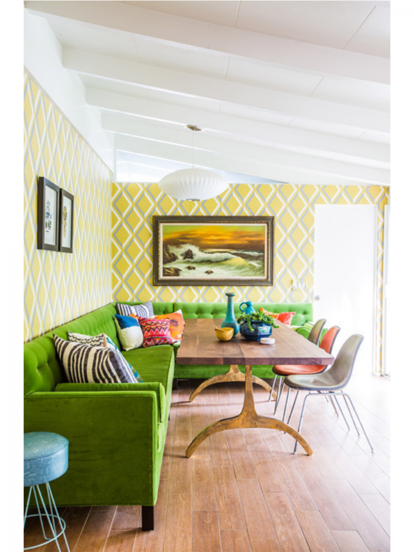 eclectic dining room green sofa