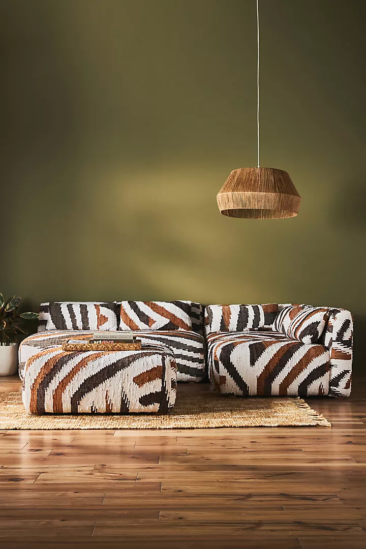 Anthropologie brown, black and white striped sectional sofa